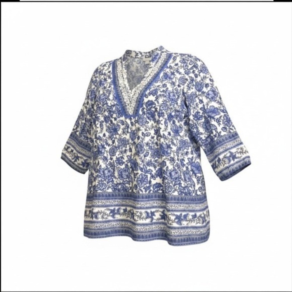 Charter Club Womens 20W Blue White Floral Beaded Tunic Top 3/4 Sleeve Blouse